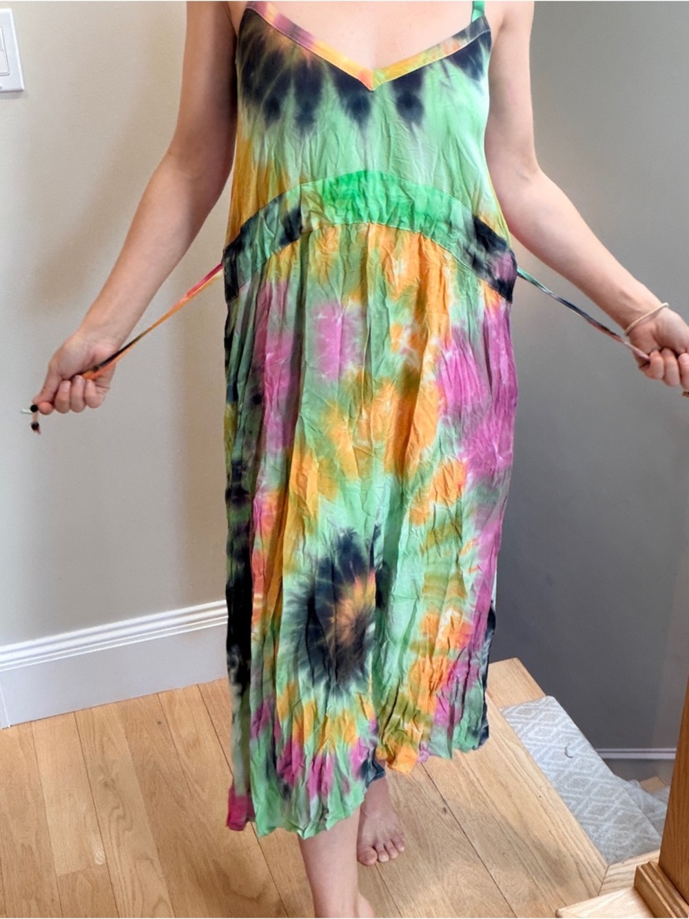 Tie-Dye Spaghetti Strap Maxi Dress in Green, Pink & Yellow